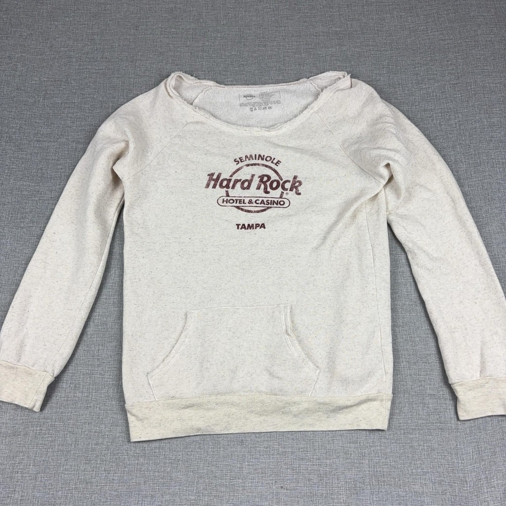 Hard Rock Sweatshirt Womens XL White Seminole Tampa Boat Neck Fleece Graphic